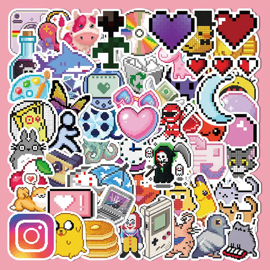 64pcs Cartoon Mosaic Pixel Graffiti Stickers for Helmet, Wall, DIY Decoration