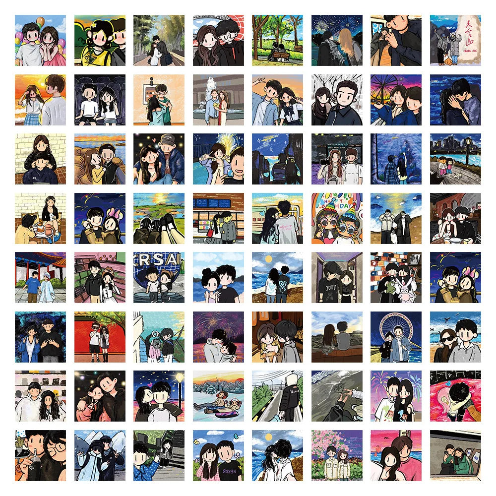Oil Painting Cartoon Couple Stickers for Phone Laptop Luggage Skateboard Kids