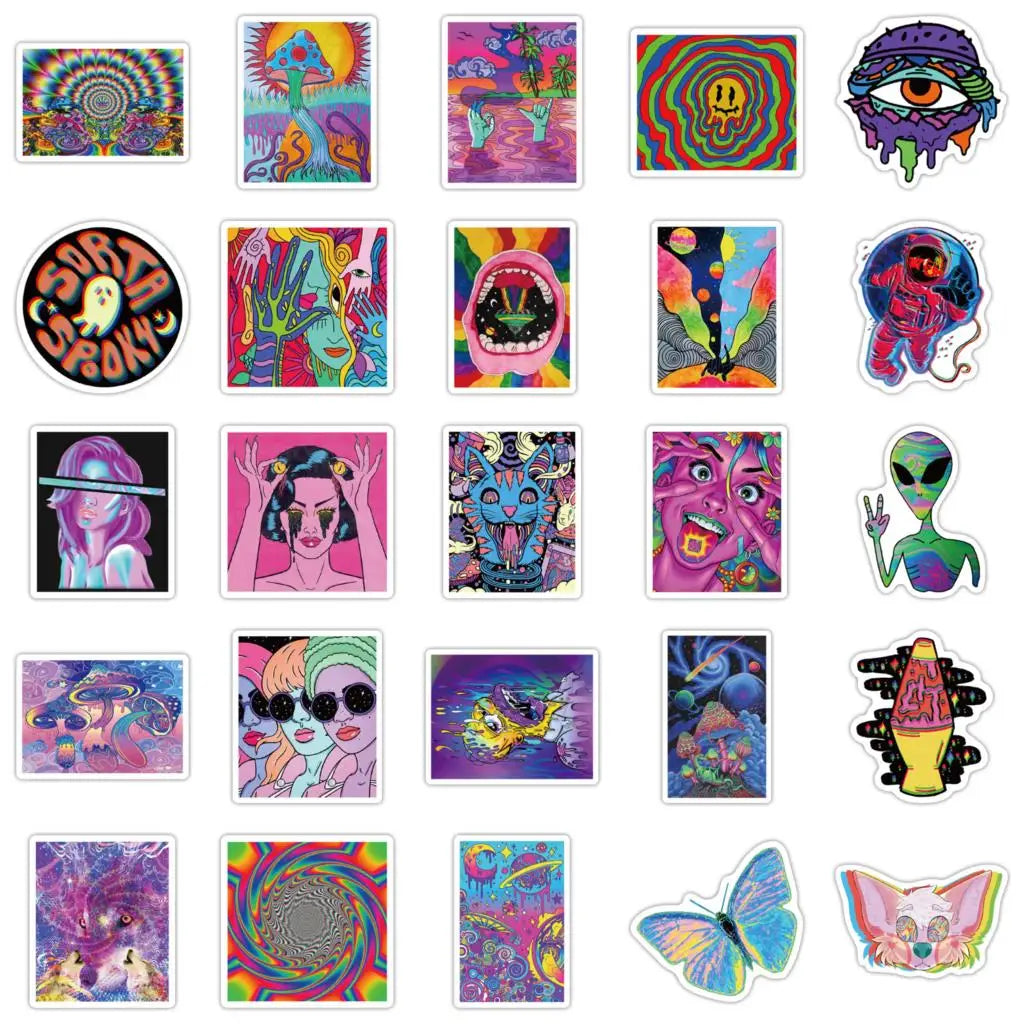 52PCS Cartoon Colorful Psychedelic Trippy Stickers Aesthetics Laptop Guitar Luggage Phone Graffiti Sticker Decal Kid Toy