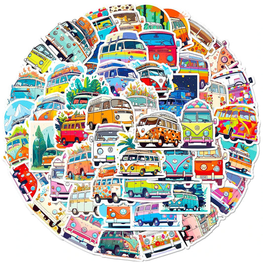 Hippie Bus Cartoon Stickers Pack - DIY Phone Laptop Suitcase Decor