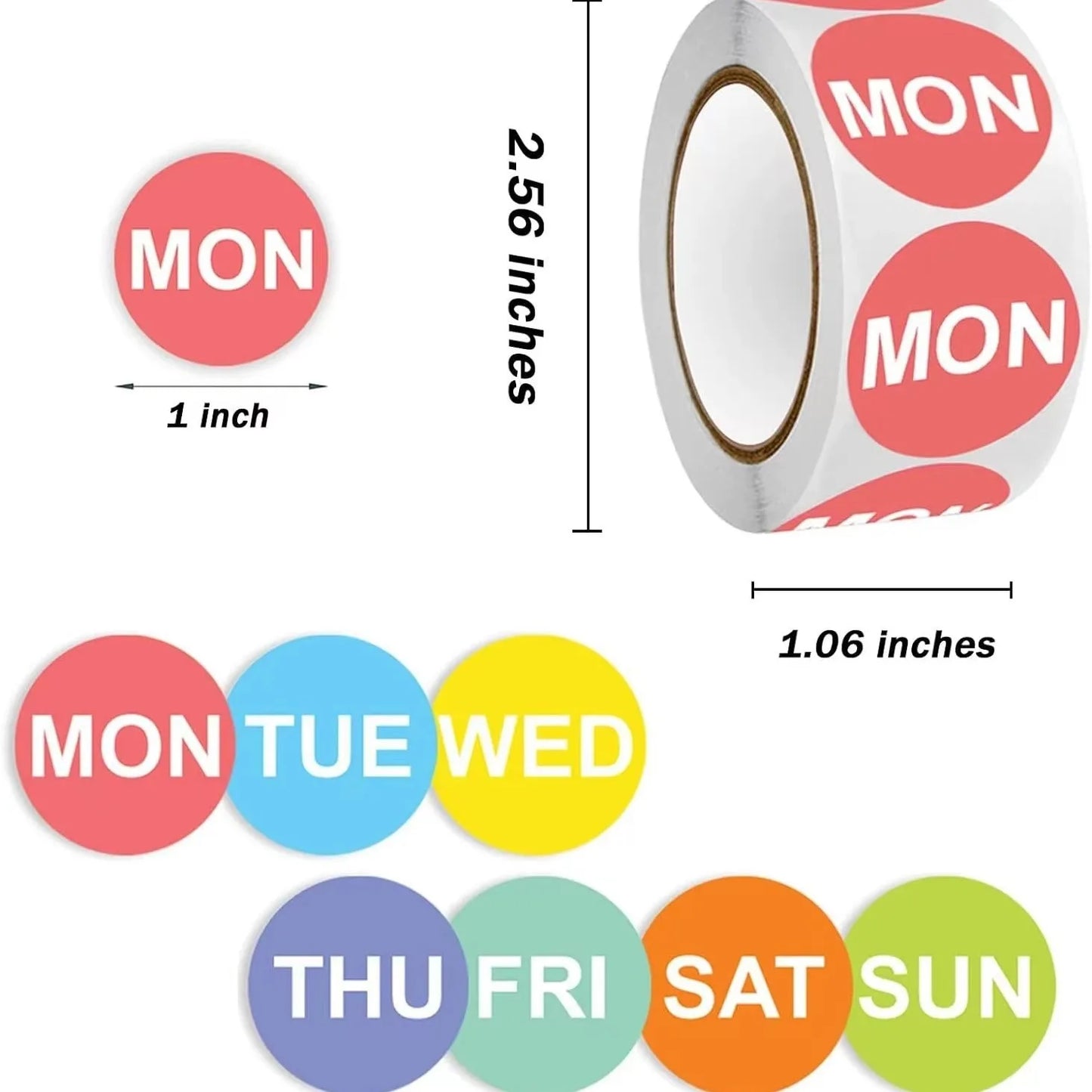 500Pcs/1 Rolls 2.5cm Packaging Weekly Stickers English Color Date From Monday to Sunday Stationery Sticker