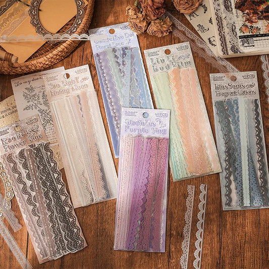 40pcs Cute Lace Stickers Aesthetic Scrapbooking Self-Adhesive Stationery