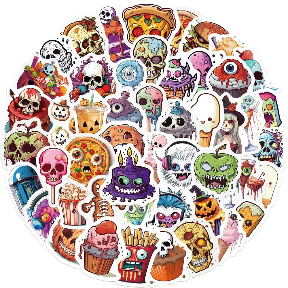 50PCS Halloween Horror Colorful Food Graffiti Sticker Waterproof PVC Art DIY Luggage Refrigerator Stationery Guitar Phone