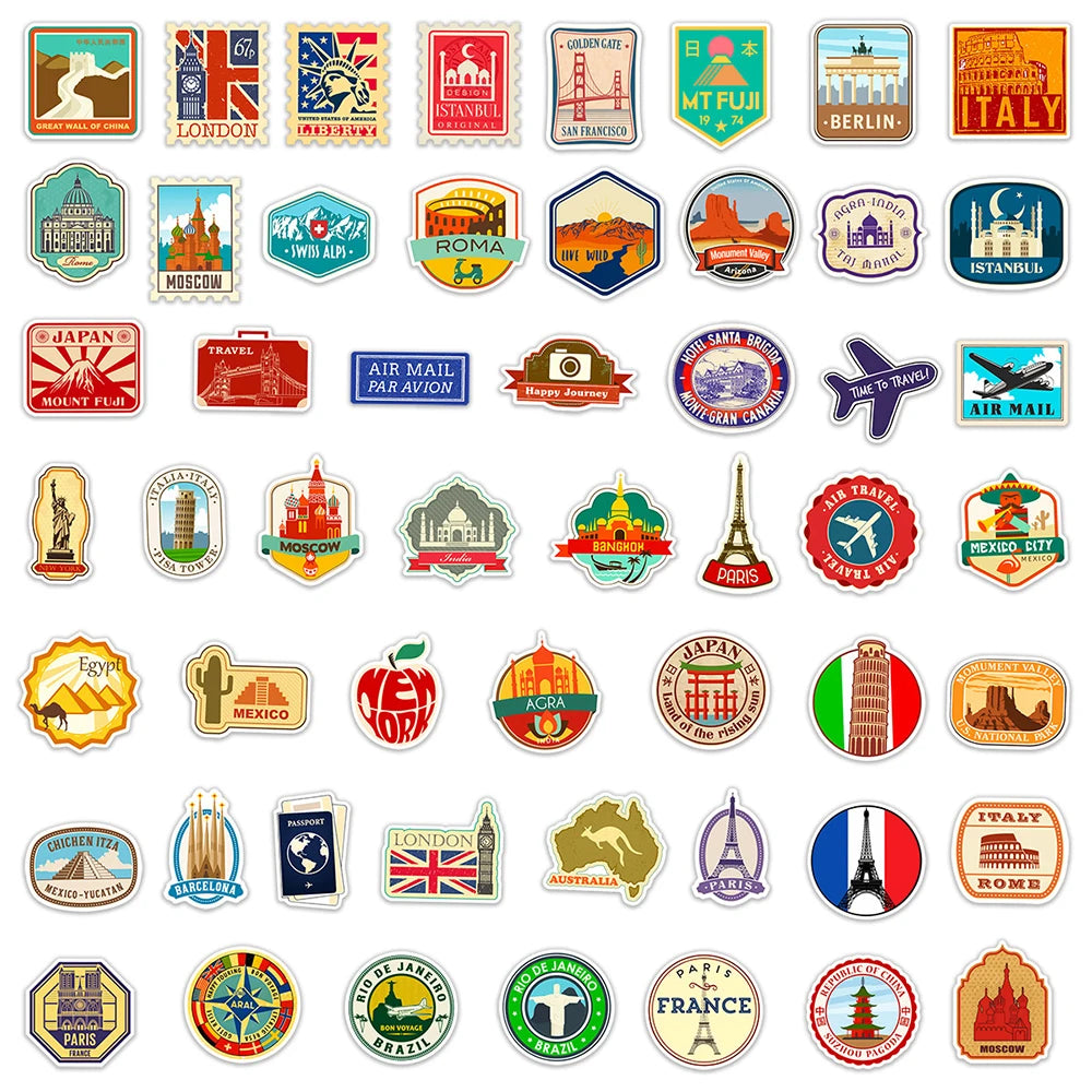 10/30/50PCS Building Landmark Vintage Travel Stickers Graffiti DIY Phone Luggage Laptop Guitar Suitcase Skateboard Kids Sticker