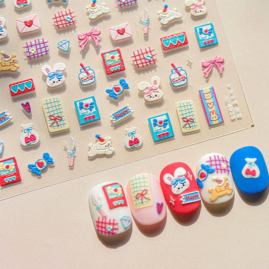 Cute Animal Nail Art Stickers: Rabbit, Dog, Bunny, Strawberry