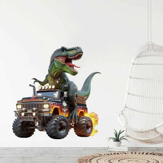 T-Rex Dinosaur Driving on a Monster Truck- Wall Stickers Bedroom Boy Room Background Decoration Mural Animals Home Decor  S490