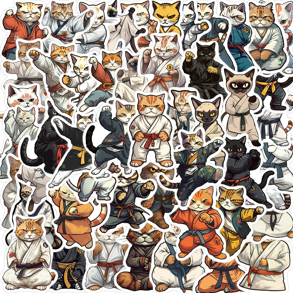 50Pcs Cute Cat Kung Fu Stickers for Helmet, Wall, Desktop Decoration