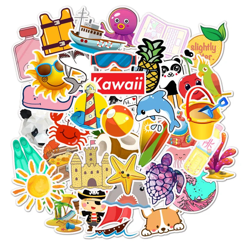 50pcs Cute Beach Graffiti Stickers for Helmet, Wall, DIY Decoration