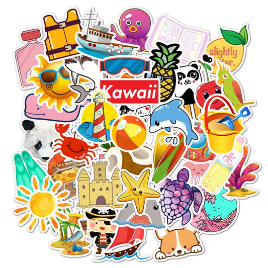 50pcs Cute Beach Graffiti Stickers for Helmet, Wall, DIY Decoration