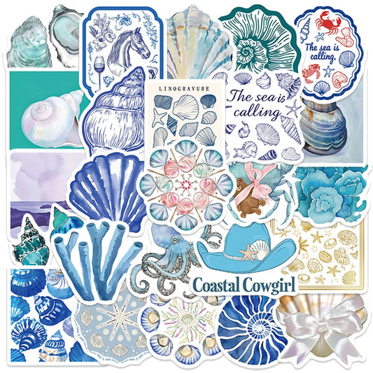 50pcs Aesthetic Cartoon Shell Blue Ocean Stickers Waterproof Graffiti For Luggage Guitar Phone Diary Laptop Vinyl Decals