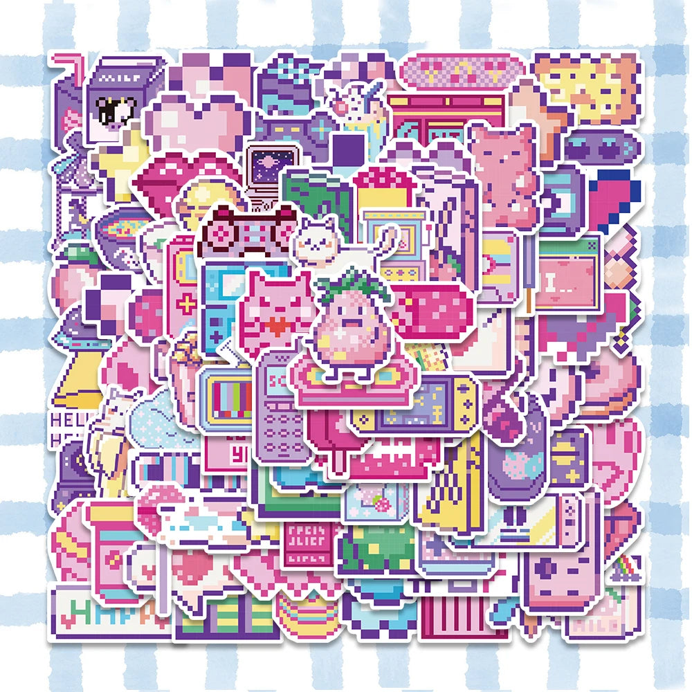 95PCS Cute Pink Pixel Cartoon Stickers Waterproof DIY Luggage Laptop Decals