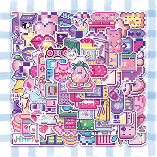 95PCS Cute Pink Pixel Cartoon Stickers Waterproof DIY Luggage Laptop Decals