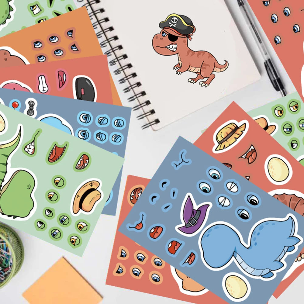 8/16Sheets Cute Dinosaur Puzzle Stickers Make-a-Face Games Toy Create Your Own DIY Funny Cartonn Assemble Jigsaw Children Gift