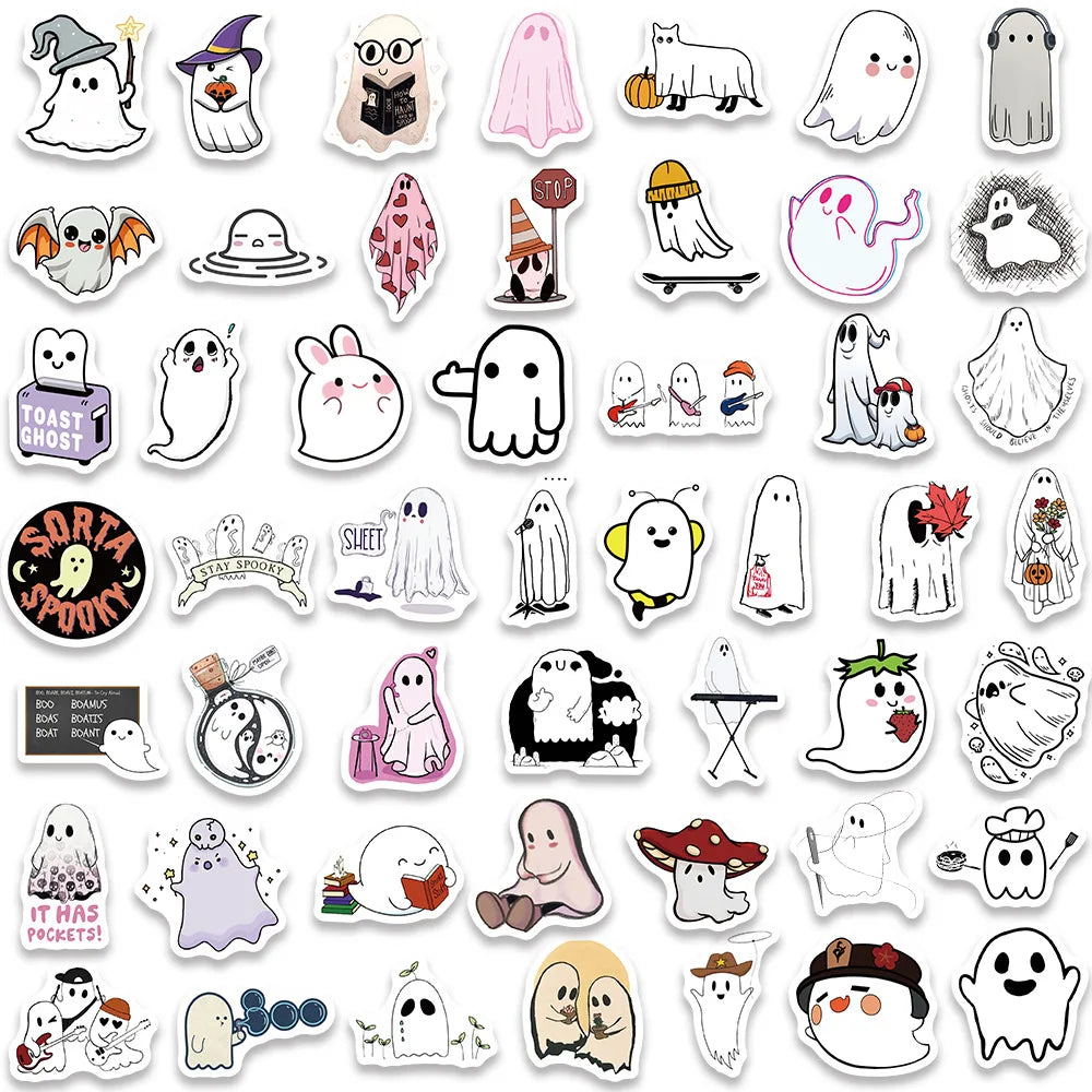 10/30/50/100PCS Cute Ghost Stickers Funny Cartoon Decals Halloween Toy For Kids Scrapbook Skateboard Notebook Fridge Decoration