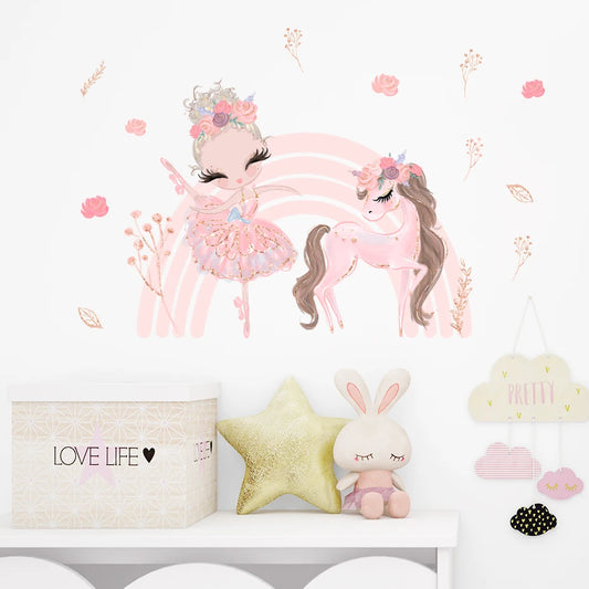 Pink Ballerina Unicorn Rainbow Wall Stickers for Kids Room Decor