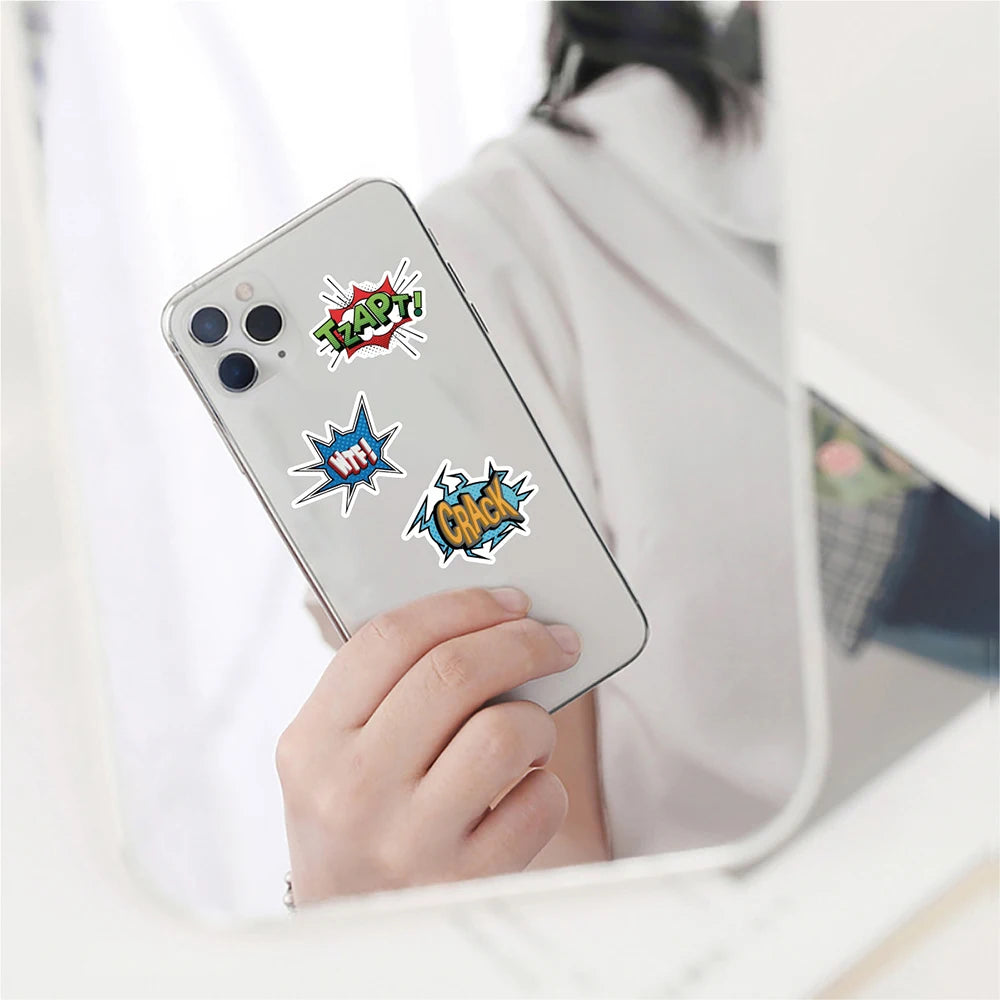 50PCS Cartoon Oops Omg Bam Pow Wow Boom Bang Explosion Cloud Style Anime Slogan Sticker Phone Laptop Luggage Skateboard