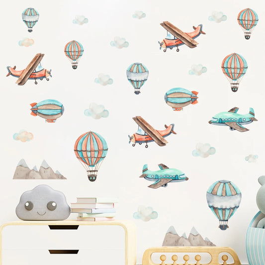 Cartoon Planes Hot Air Balloons Clouds Wall Stickers Nursery Decor