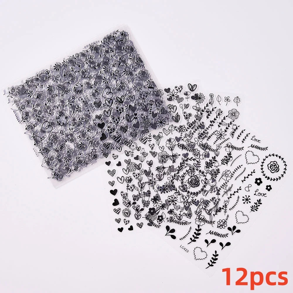 3D Gold Heart Nail Stickers - 12pcs Valentine Manicure Decals