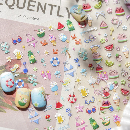 Beach Bikini Nail Art Stickers: Watermelon, Cat, Ice Cream
