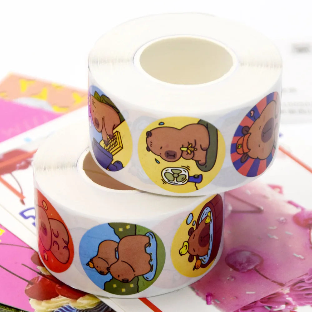 500Pcs Funny Cartoon Cute Capybara Varied Stickers Roll for Kids Phone Helmet Laptop Computer Decor Sealing Label Graffiti Decal