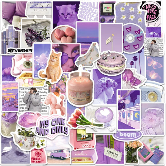 Cute Purple Cat Stickers Pack - Aesthetic Cartoon Decals for Laptop, Phone, Scrapbook, Suitcase