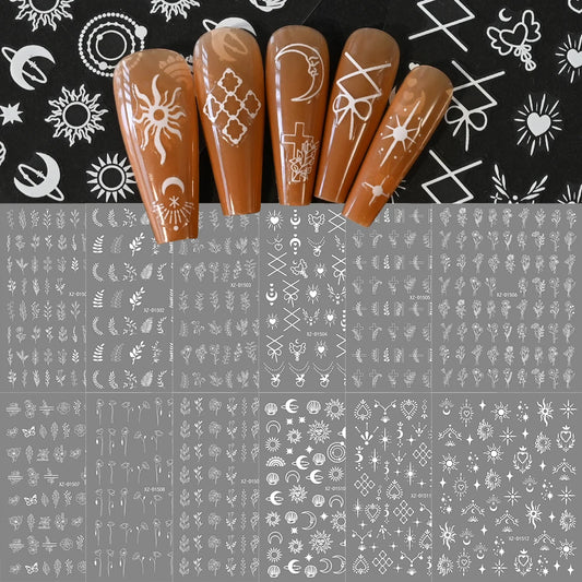 3D White Flower Nail Stickers: Star, Moon, Sun Decals