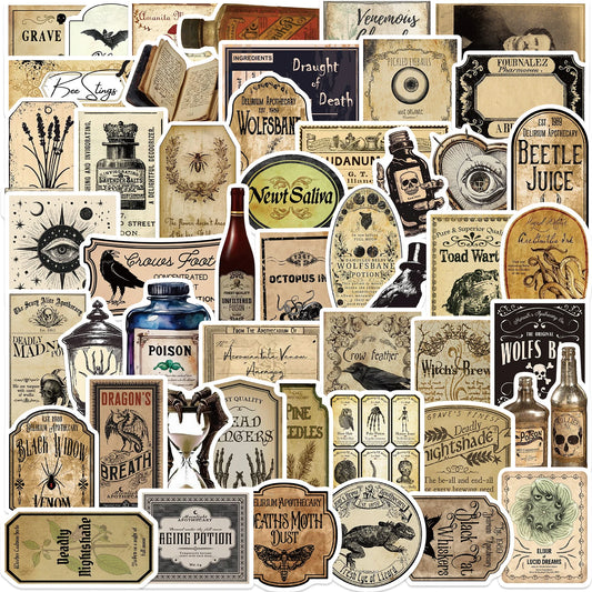 50pcs Vintage Potion Label Doodle Stickers For Notebooks Stationery Scrapbook Waterproof Sticker Scrapbooking Craft Supplies