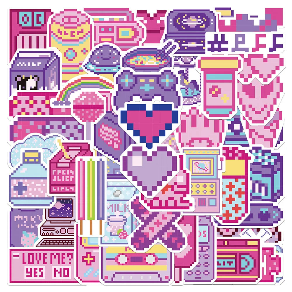 50Pcs Pink Pixel Cartoon Stickers for Laptop & Phone
