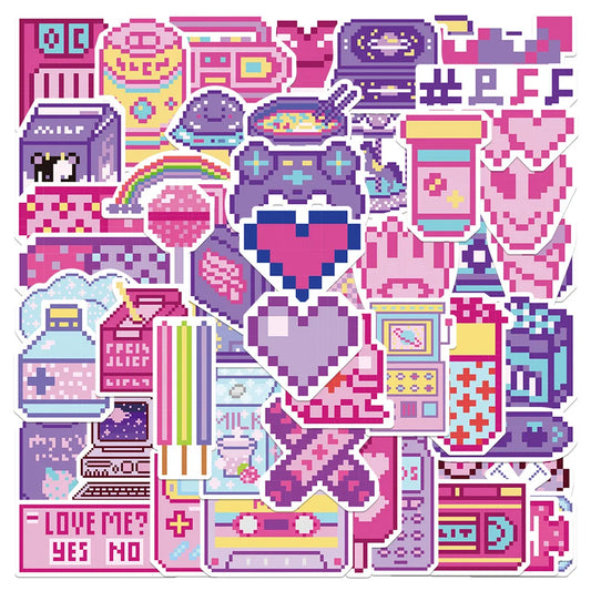 50Pcs Pink Pixel Cartoon Stickers for Laptop & Phone