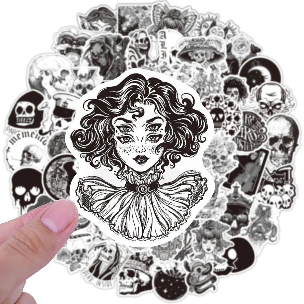 10/30/50/100pcs Cool Black White Punk Horror Gothic Graffiti Sticker Packs