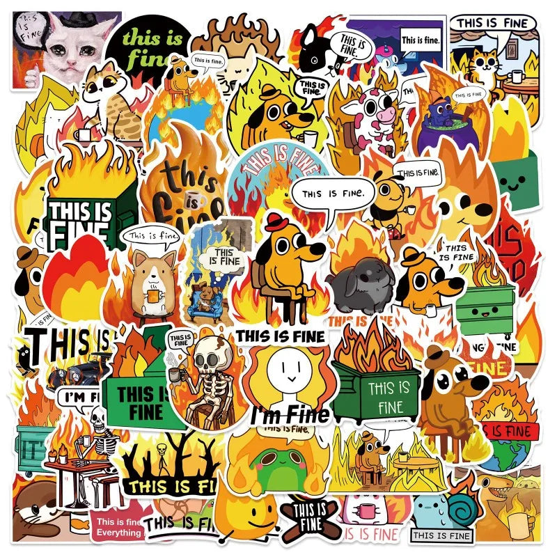 50pcs This Is Fine Cartoon Sticker Pack for Laptop, Phone, Scooter, Water Bottle, Suitcase, Stationery, Refrigerator