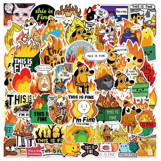 50pcs This Is Fine Cartoon Sticker Pack for Laptop, Phone, Scooter, Water Bottle, Suitcase, Stationery, Refrigerator