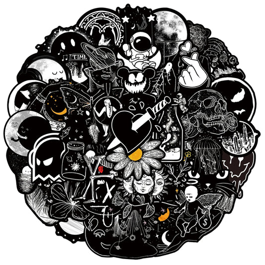 Gothic Graffiti Stickers Pack: Waterproof, Black & White, DIY for Car, Bike, Luggage, Phone, Laptop