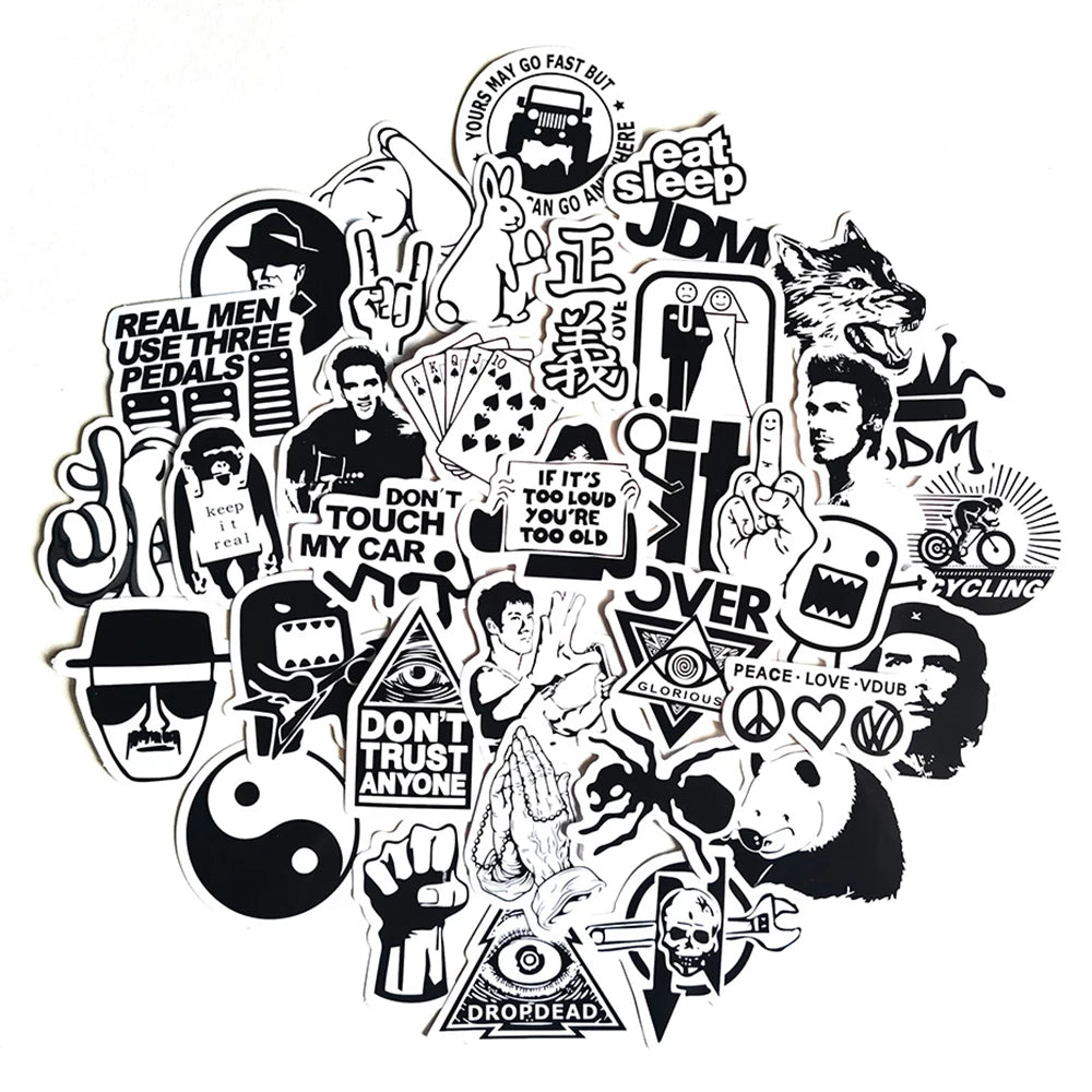 50pcs Black & White Stickers for Laptop, Skateboard, Car
