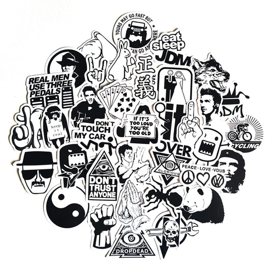 50pcs Black & White Stickers for Laptop, Skateboard, Car