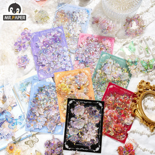 Mr. Paper Vintage Exquisite Flower Sticker Pack PET Sparkling Decoration Handbook DIY Goo Card Sticker Stationery 20pcs/pack