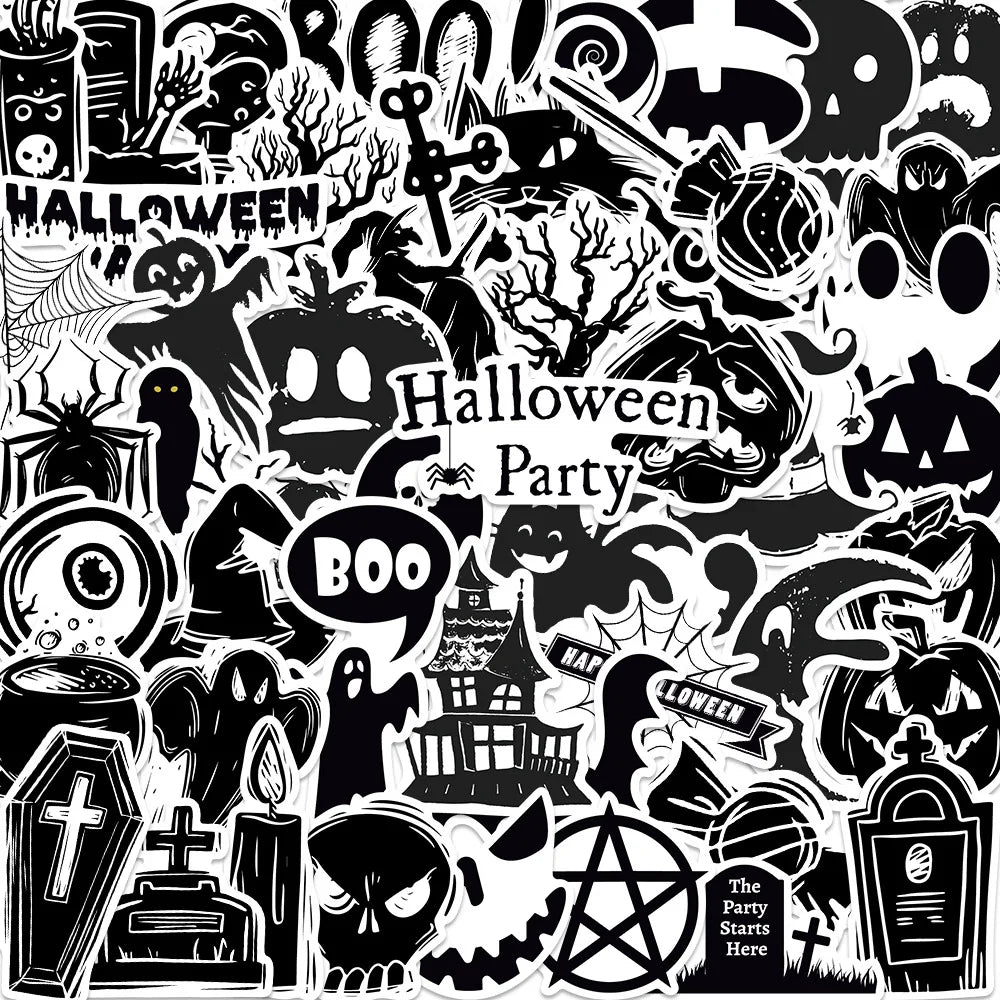 10/30/50PCS Horror Halloween Black Stickers Cute Ghost Decals DIY Wall Motorcycle Fridge Skateboard Phone Cartoon Sticker Toys