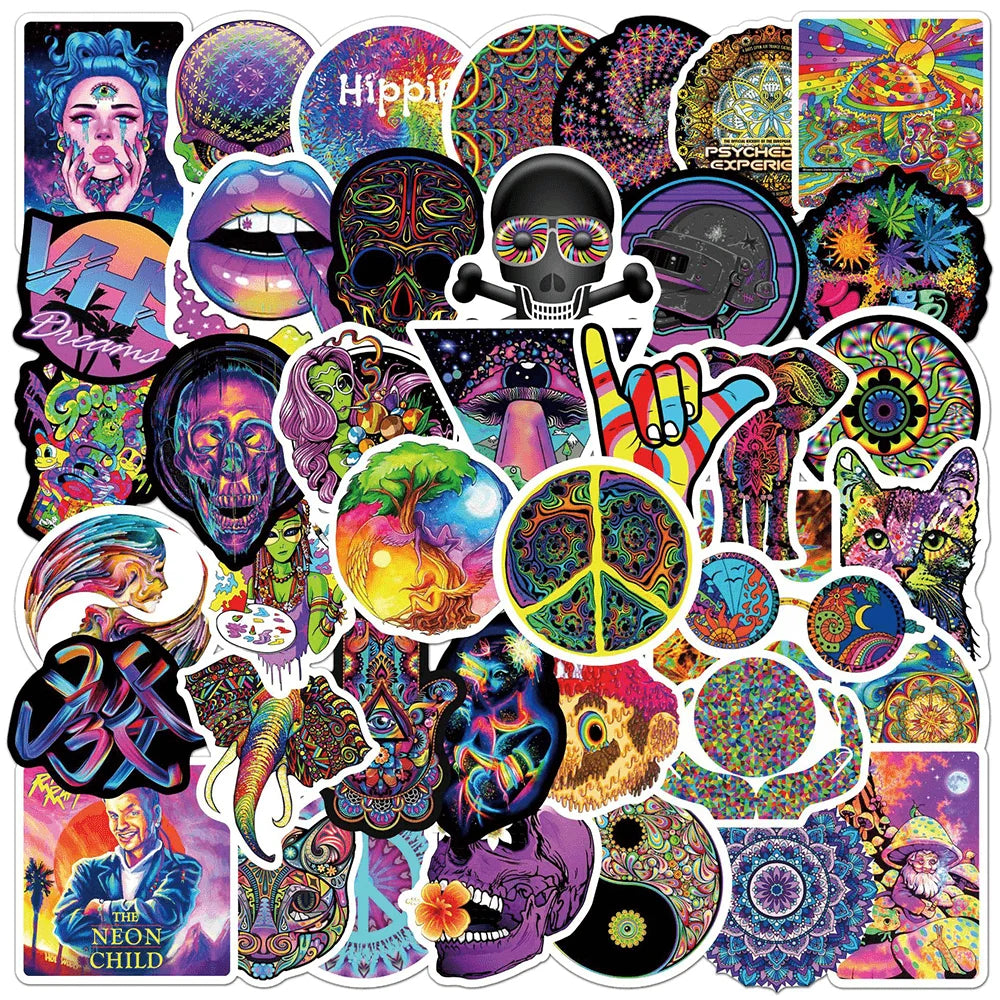 50pcs Hippy Psychedelic Graffiti Stickers Pack Phone Case Ipad Motorcycle DIY Sticker Scrapbooking Supplies Journal Accessories