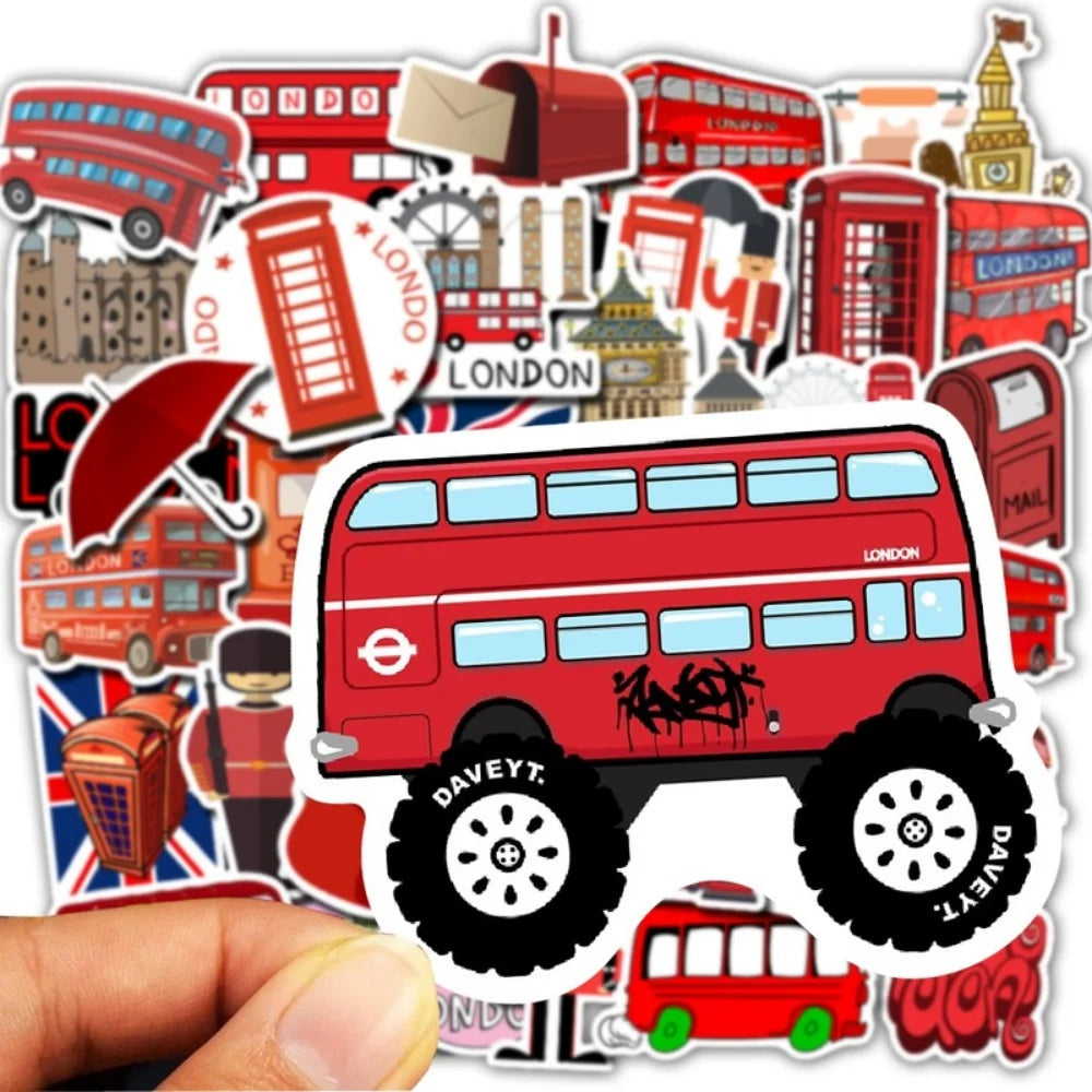 50Pcs/Lot Waterproof London Red Bus Telephone Booth PVC Stickers For Laptop Motorcycle Skateboard Luggage Decal Toy Sticker