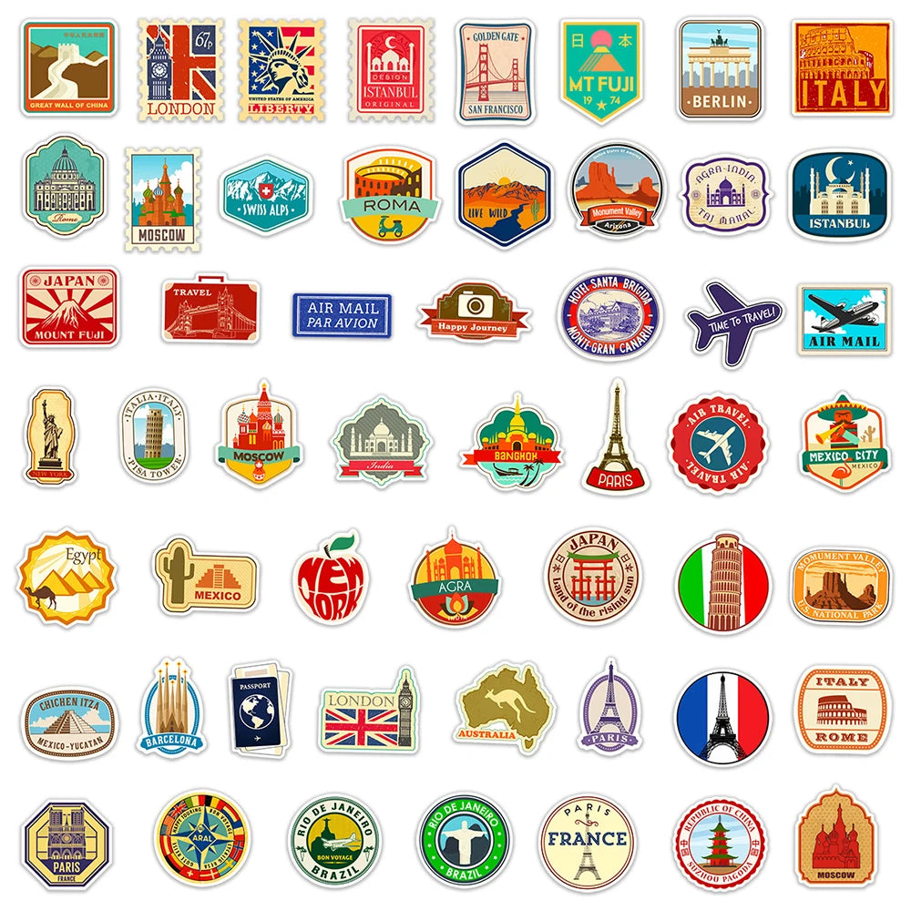 10/30/50pcs Retro Travel Landmark Building Stickers Vintage Decal Skateboard Luggage Laptop Phone Car Waterproof Sticker Kid Toy