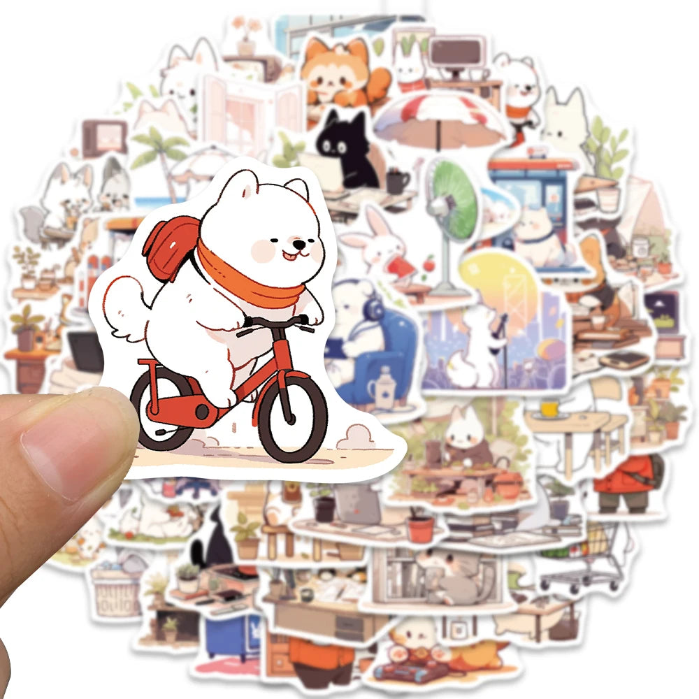 50pcs Cute Cartoon Animals Daily Life Stickers Vinyl Laptop Decals Luggage Skateboard Guitar Phone Waterproof Graffiti