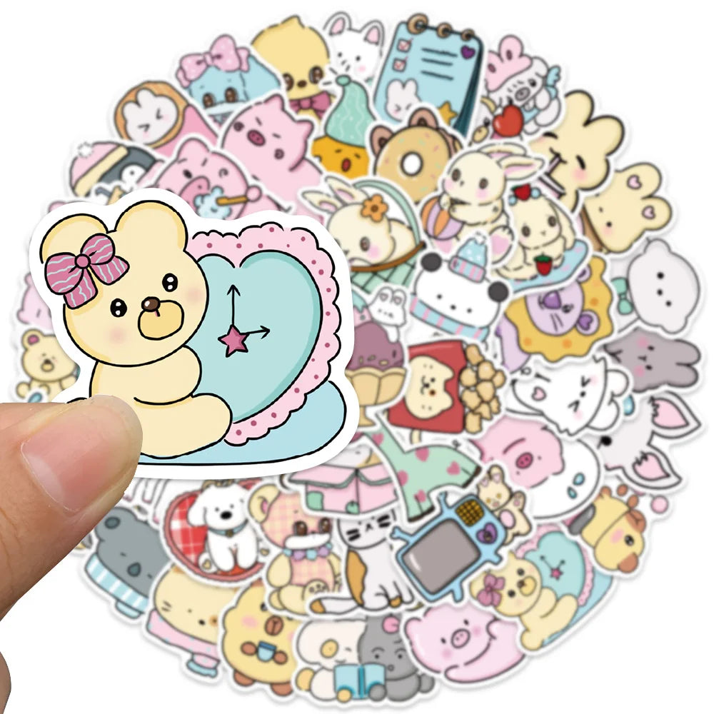 50pcs Cute Cartoon Animals Stickers Kids Water Bottle Decals Luggage Laptop Guitar Phone Stationery Waterproof Graffiti