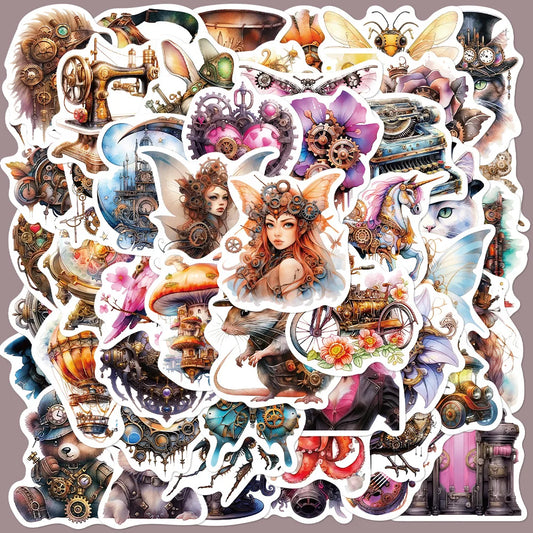 50pcs Steampunk Watercolor Cartoon Stickers for Helmet, Wall, DIY Decoration