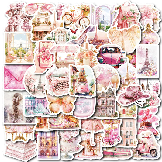 Pink Paris Stickers Set: Cute Aesthetic Decals for Laptop, Phone, Notebook, Suitcase