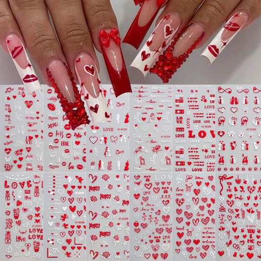 Valentine's Red Heart Nail Stickers - 12 Sheets 3D Decals