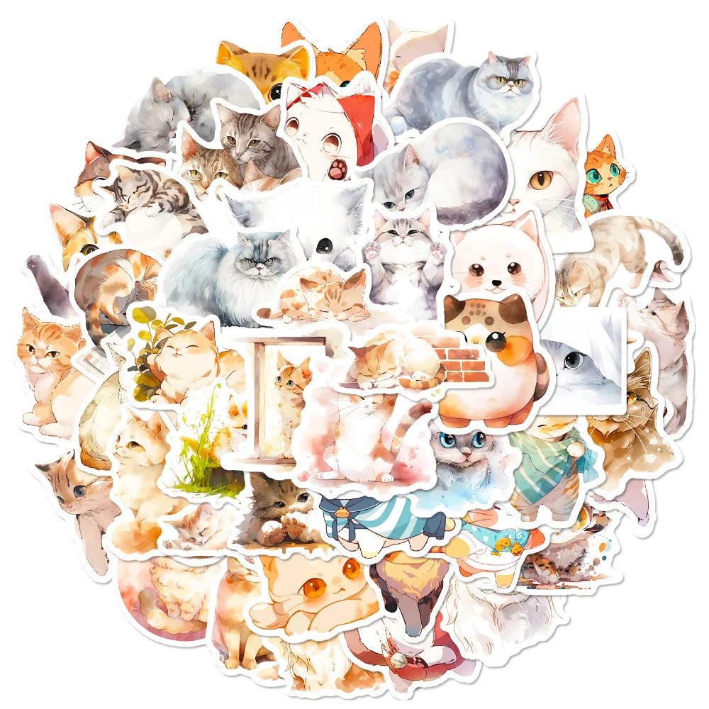 50Pcs Kawaii Painting Watercolor Cat Stickers Pack for Kids Cartoon Cute Graffiti Decals Scrapbooking Luggage Laptop Sticker