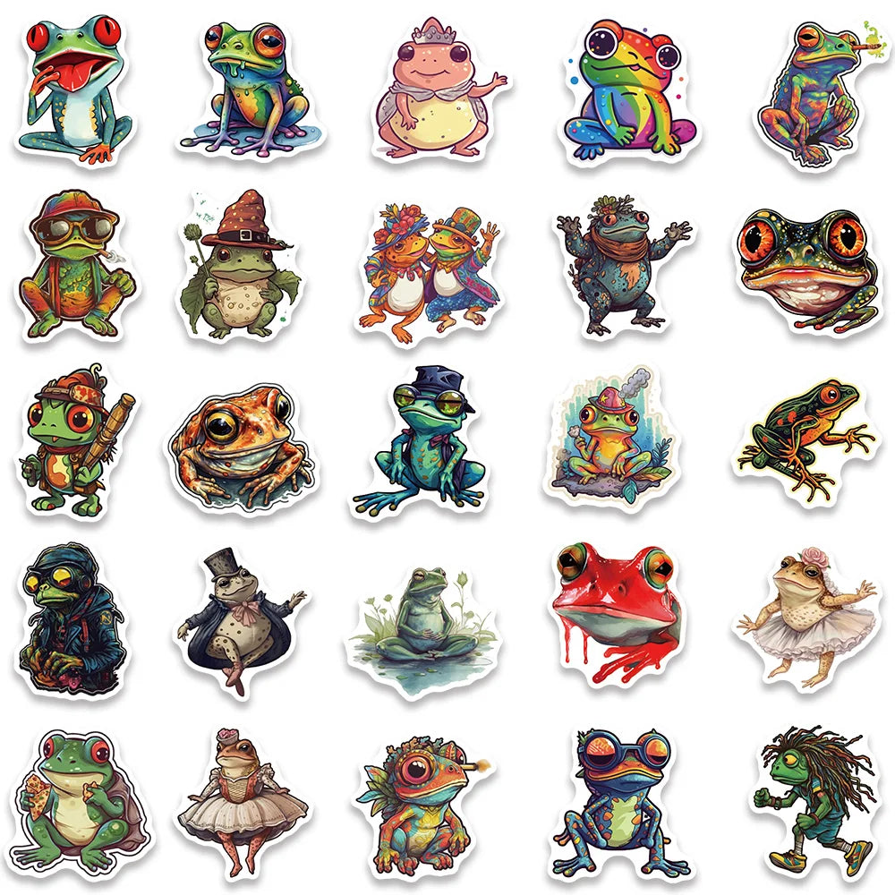 50pcs Funny Colorful Cartoon Trippy Frogs Stickers Vinyl Laptop Phone Decals Guitar Luggage Diary Car Waterproof Graffiti