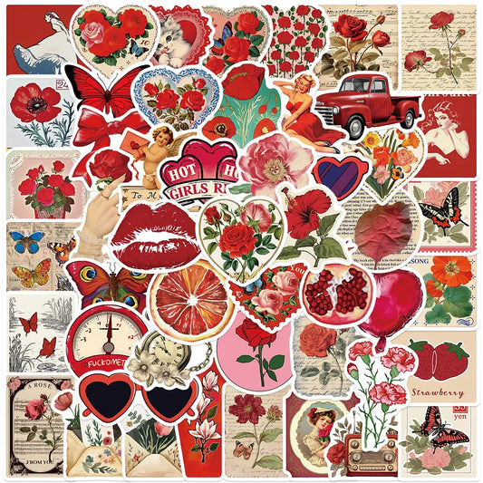 50pcs Aesthetic Cartoon Red Rose Love Heart Stickers For Laptop Water Bottle Luggage Notebook Valentine's Day Vinyl Decals