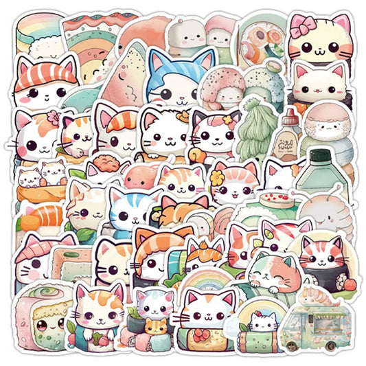 Cartoon Sushi Cat Stickers Pack for Laptop, Phone, Luggage, Stationery