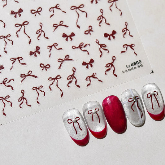 Red Bowknot Pearl Nail Art Stickers Rhinestone Decals